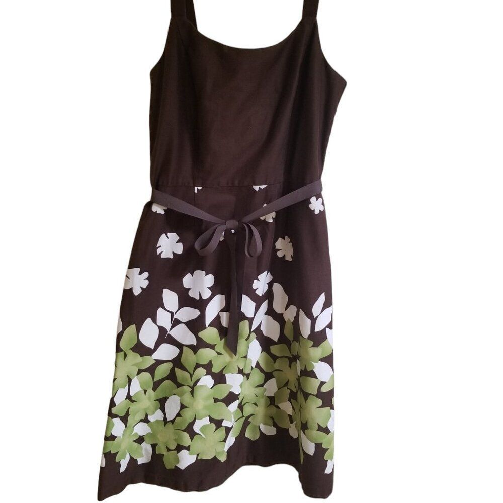 Studio I Brown Floral Dress - Size 12 - Sleeveless Ribbon Tie Waist